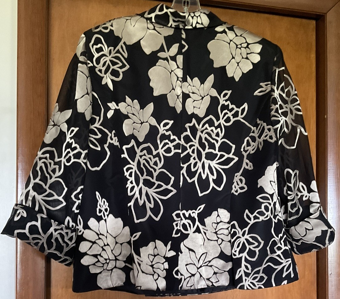 Alex Evenings Jacket Women 2X Black Floral Sheer Chiffon 3/4 Sleeve 80s Vintage