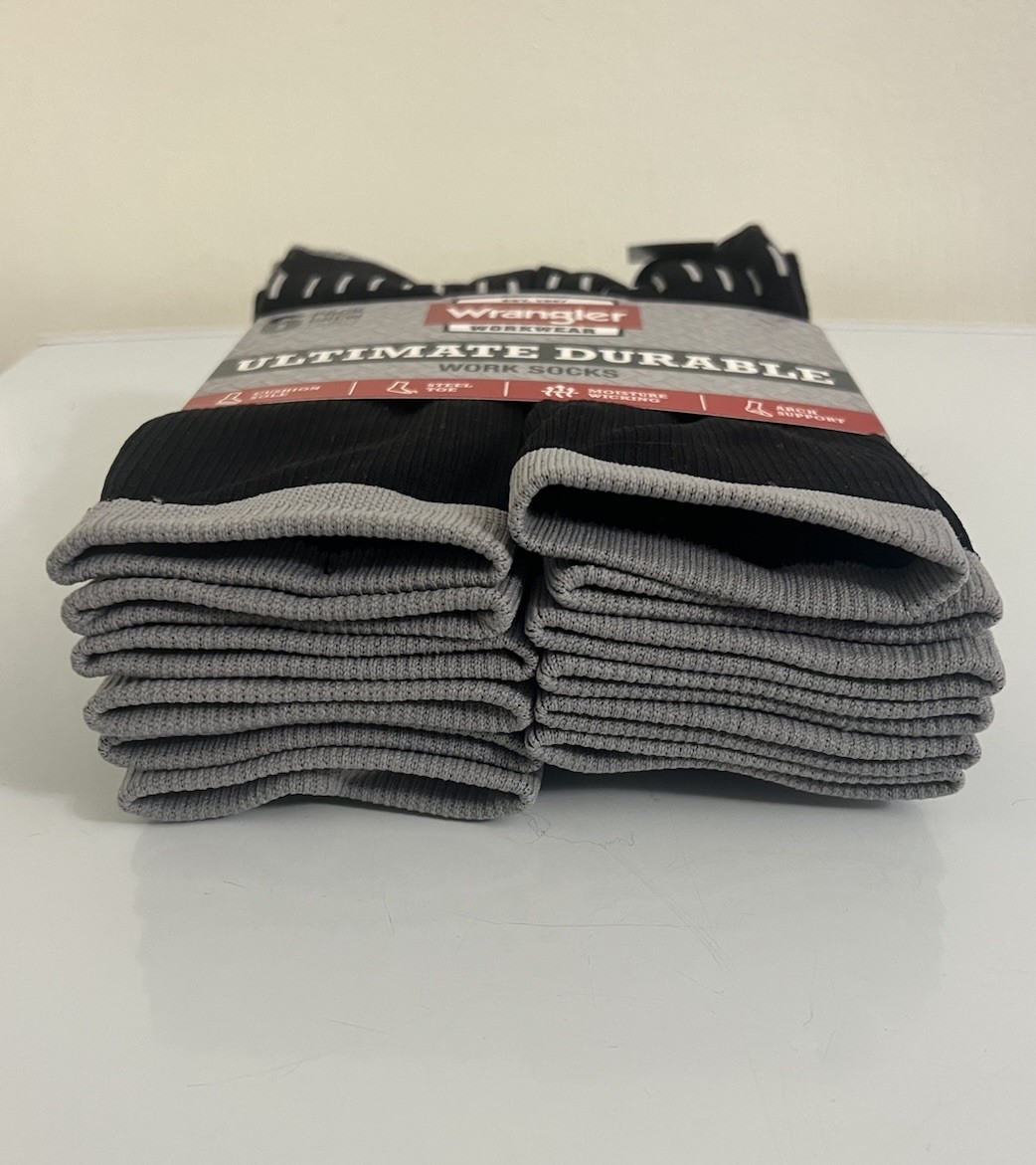 Wrangler 6 Pair Ultimate Durable Work Socks Men’s Sz 6-12 Black W/Reinforce Toe