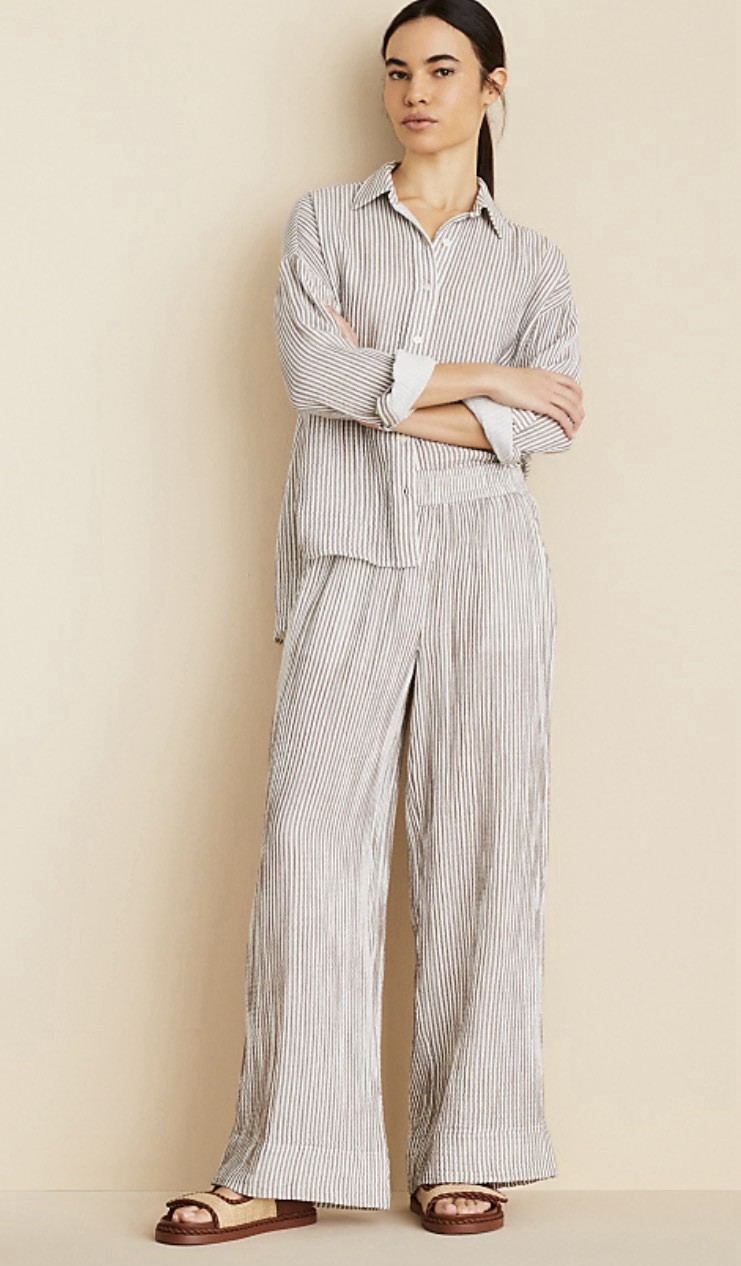 Lou & Grey Med Striped Triple Cloth Shirt & Wide Leg Pant 100% Cotton Lounge Set