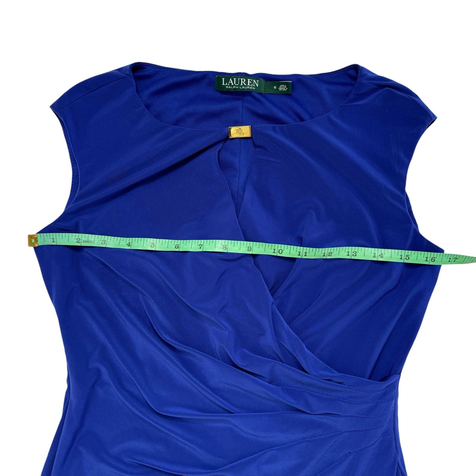 RALPH LAUREN LRL Cobalt Blue Keyhole Gold Logo Faux Wrap Dress Sz 6 Jersey Knit