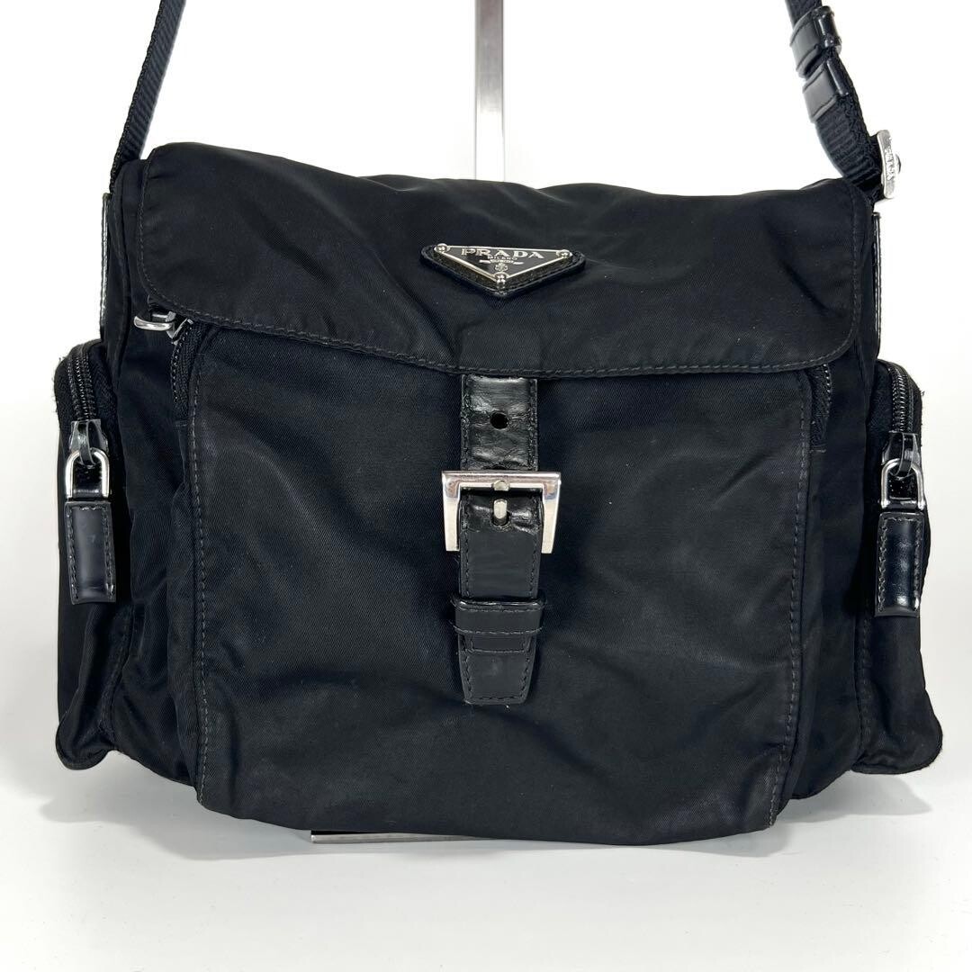 Prada Nylon Messenger Bag Black Triangle Logo Crossbody Flap Unisex 8.3in