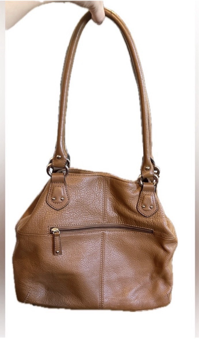 Tignanello Brown Pebbled Shoulder Bag Medium Zip Double Handles Pockets Lined
