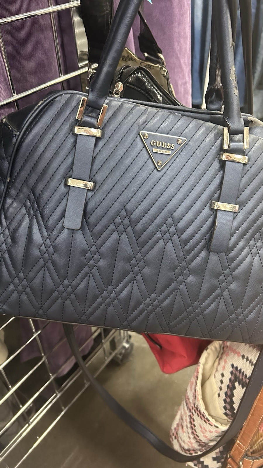 GUESS Black Quilted Satchel Top Handle Bag Detachable Adjustable Strap Zip