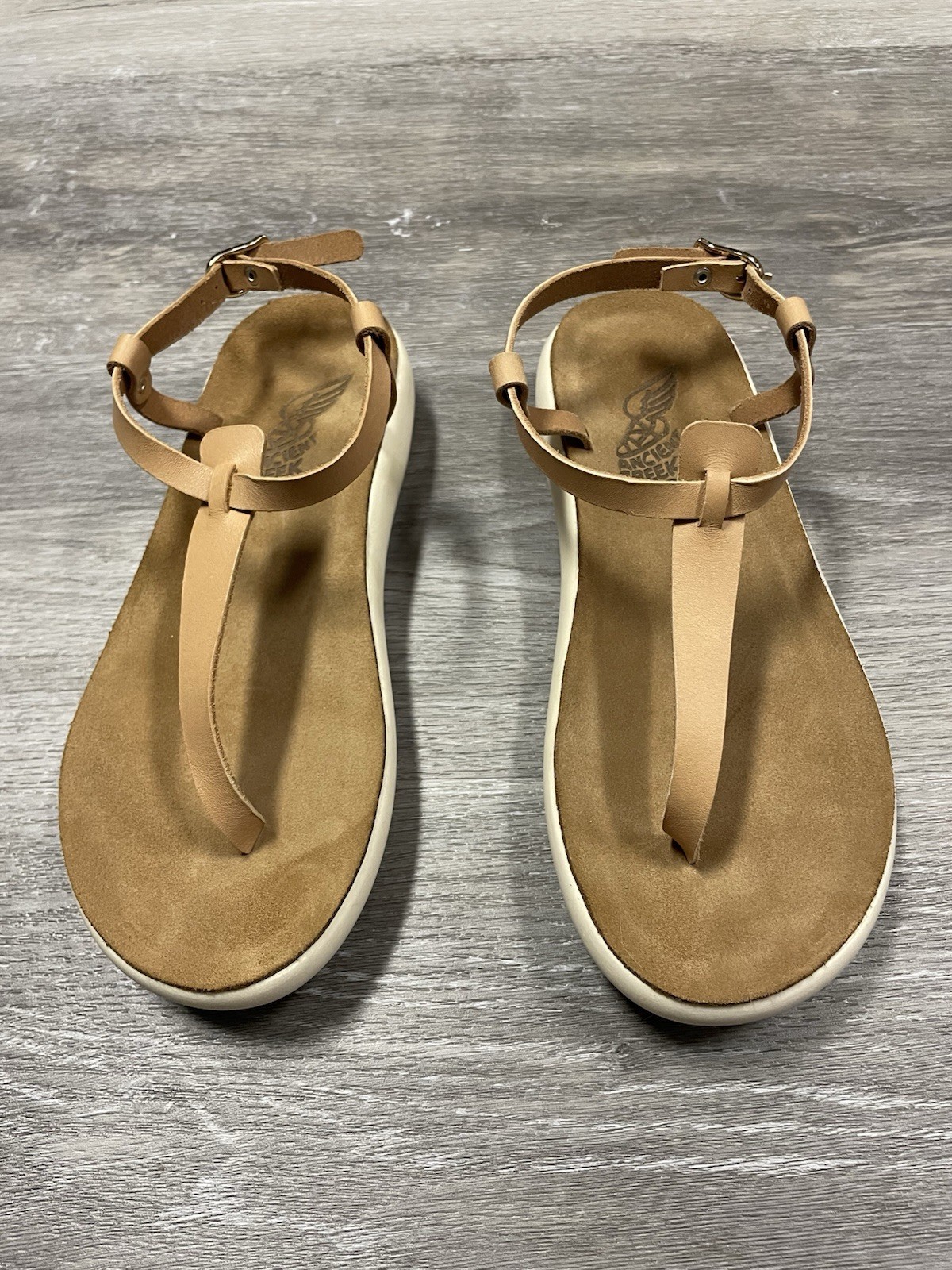 Ancient Greek Sandals Tan Leather T-Strap Ankle Strap Sandals Size 37 / US 7