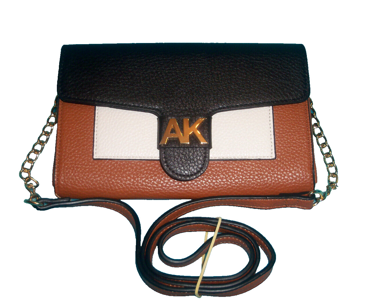 New ANNE KLIEN Black & Saddle Brown Wallet Crossbody Bag – CHAIN STRAP – PEBBLED