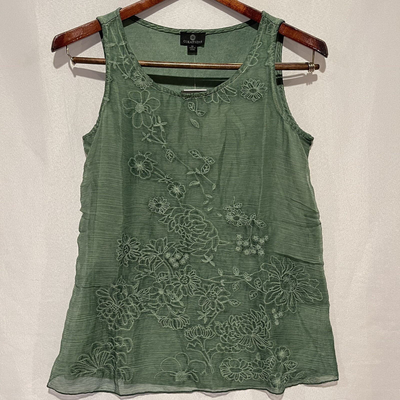 Curations Embroidered Lace Tank Top Green Layered Floral Romantic XS