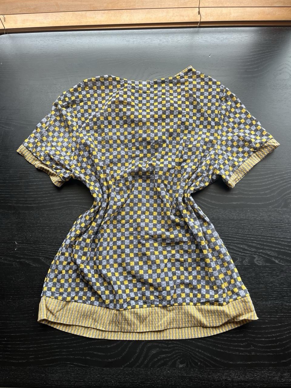 Quirky Vintage Size L Yellow & Black Mixed Pattern Cowl Neck Button Textured Top