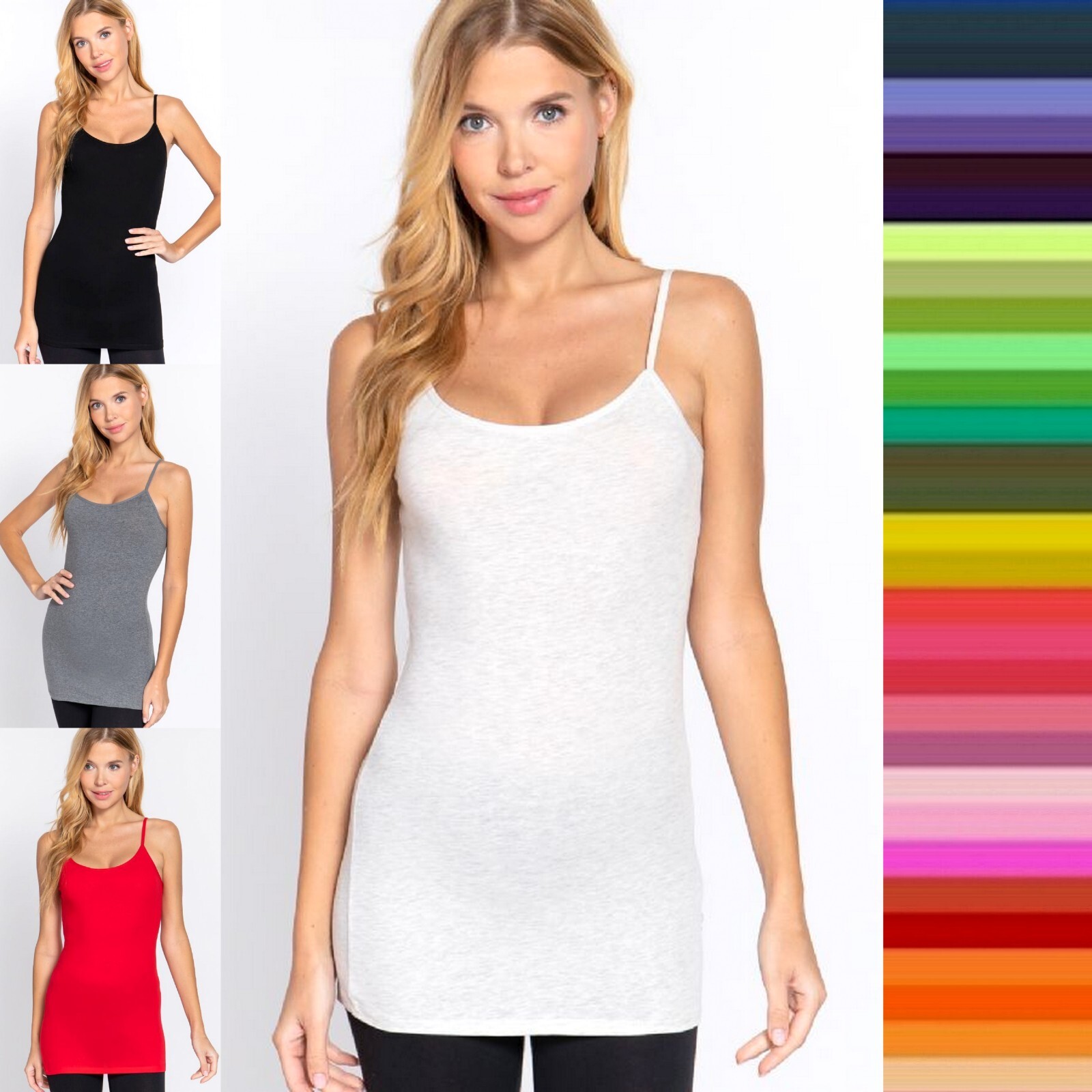 Women Long Cotton Cami Adjustable Strap Soft Stretch No Bra Tunic Tank Top 8745