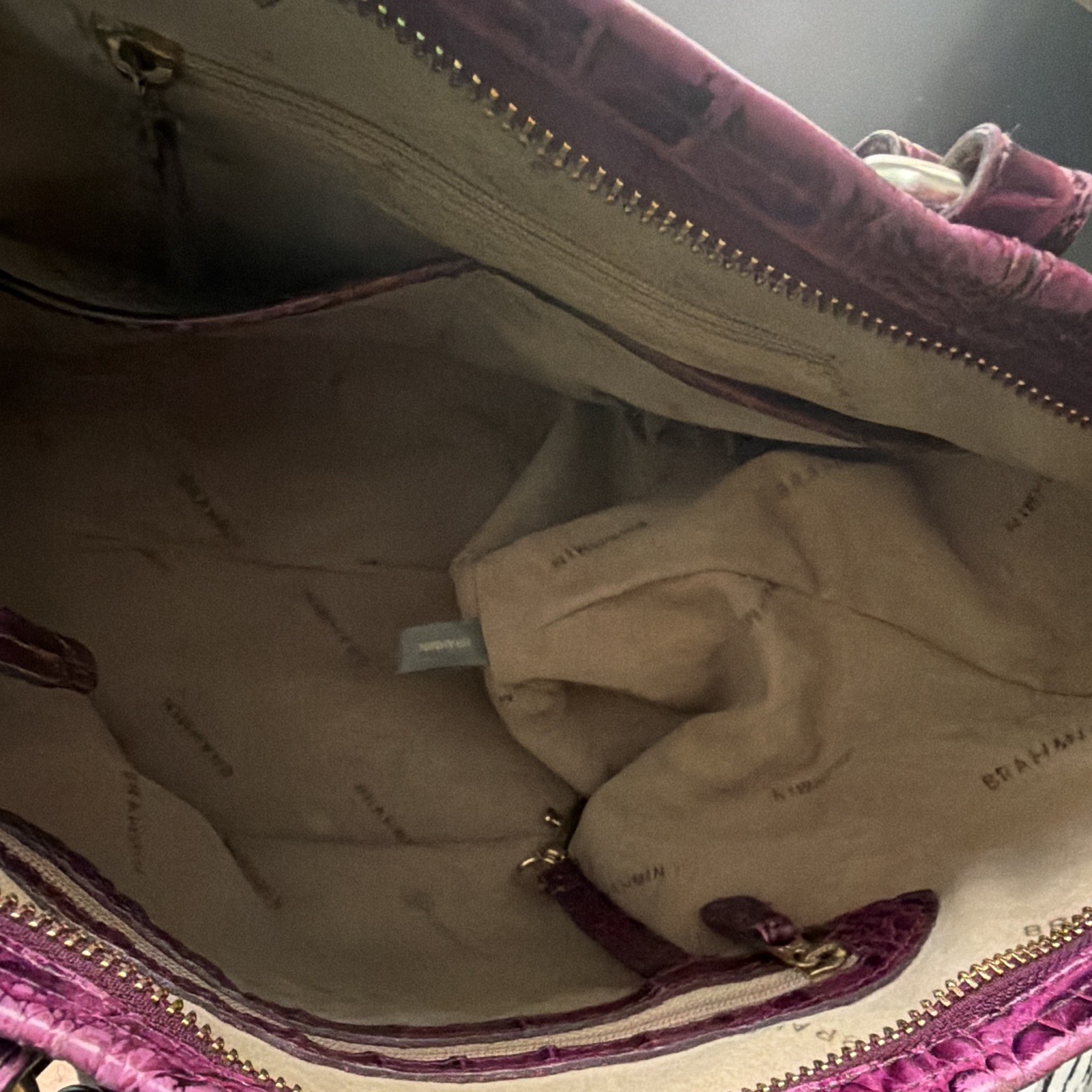 Brahmin Purple Animal Embossed Satchel Top Handle Zip Detachable Strap Gold