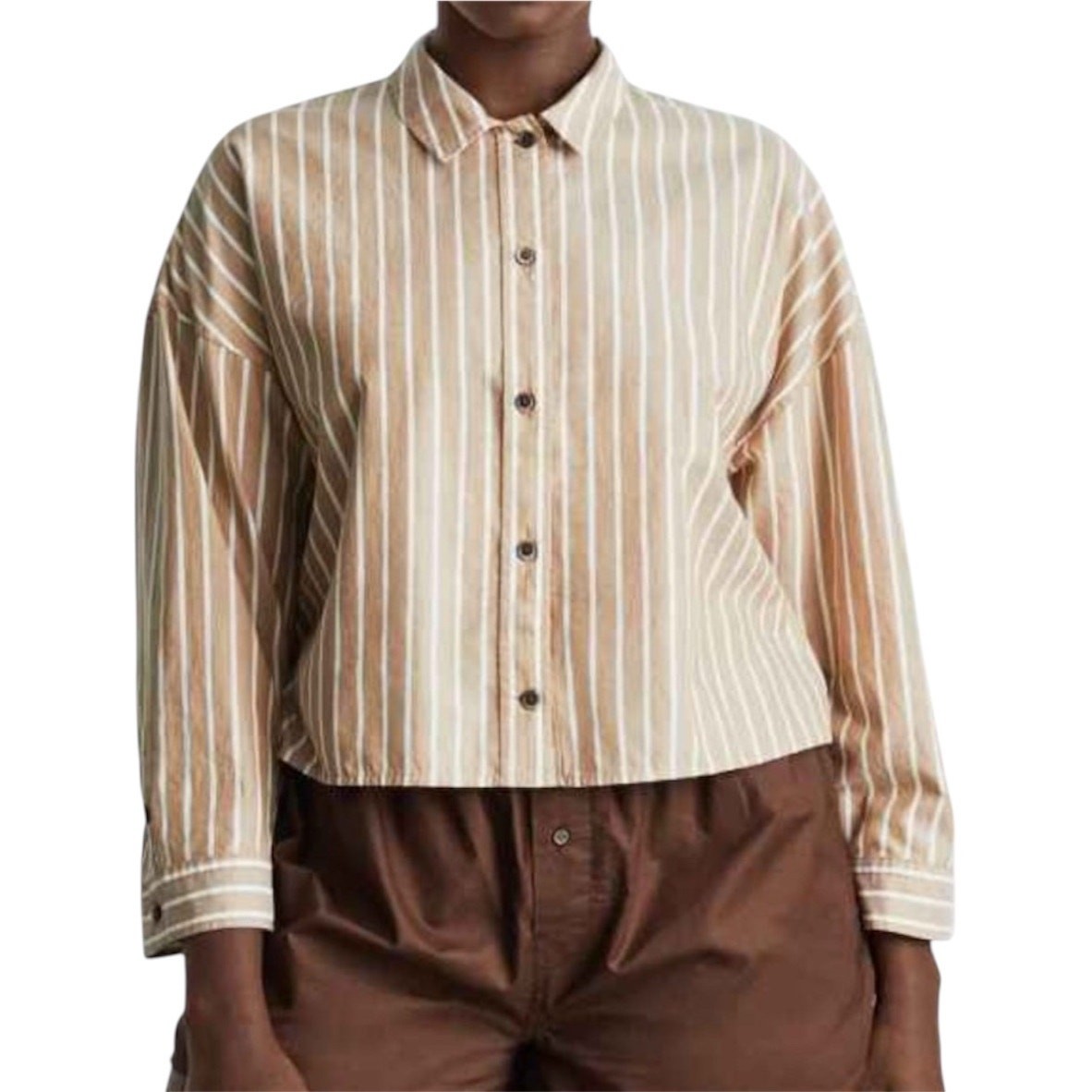 Everlane Womens The Woven PJ Top Brown/White Striped Button Down Shirt Large NWT