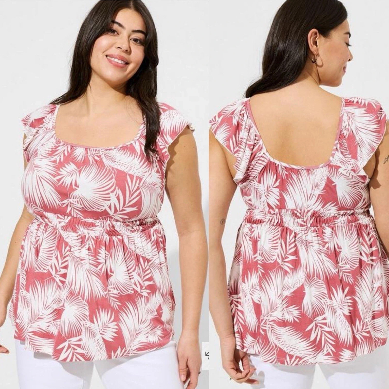 NWT Torrid Super Soft Babydoll Top Size 0 L 12 Coral Palm Flutter Sleeve Stretch