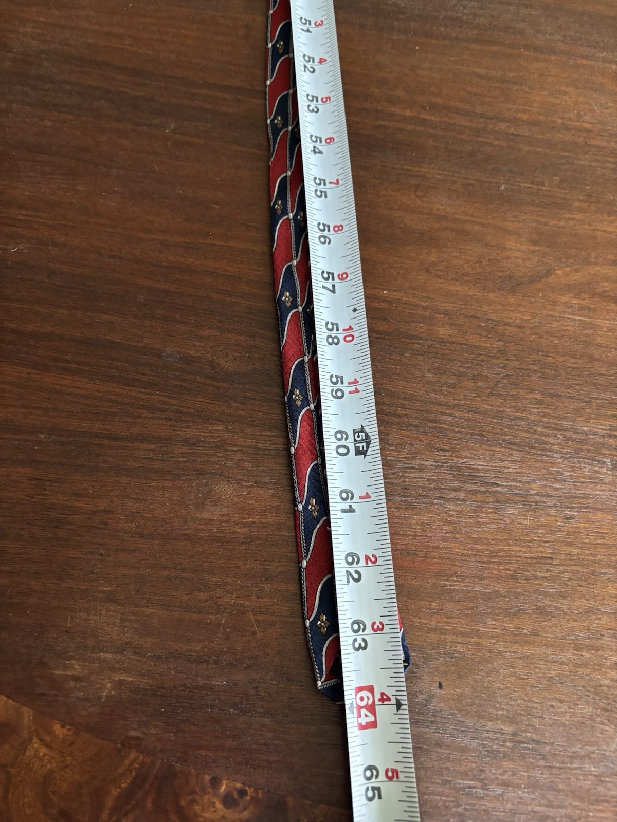 Tom James Silk Neck Tie Tall Man Red Geometric Medallion Made USA 64 Inches