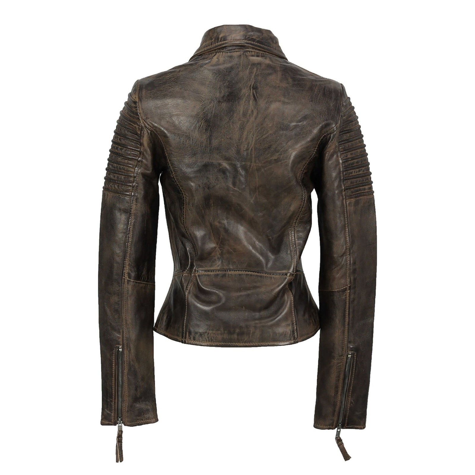 Women Real Leather Jacket Brown Distressed Biker Moto Ribbed Zip Motorcycle Coat