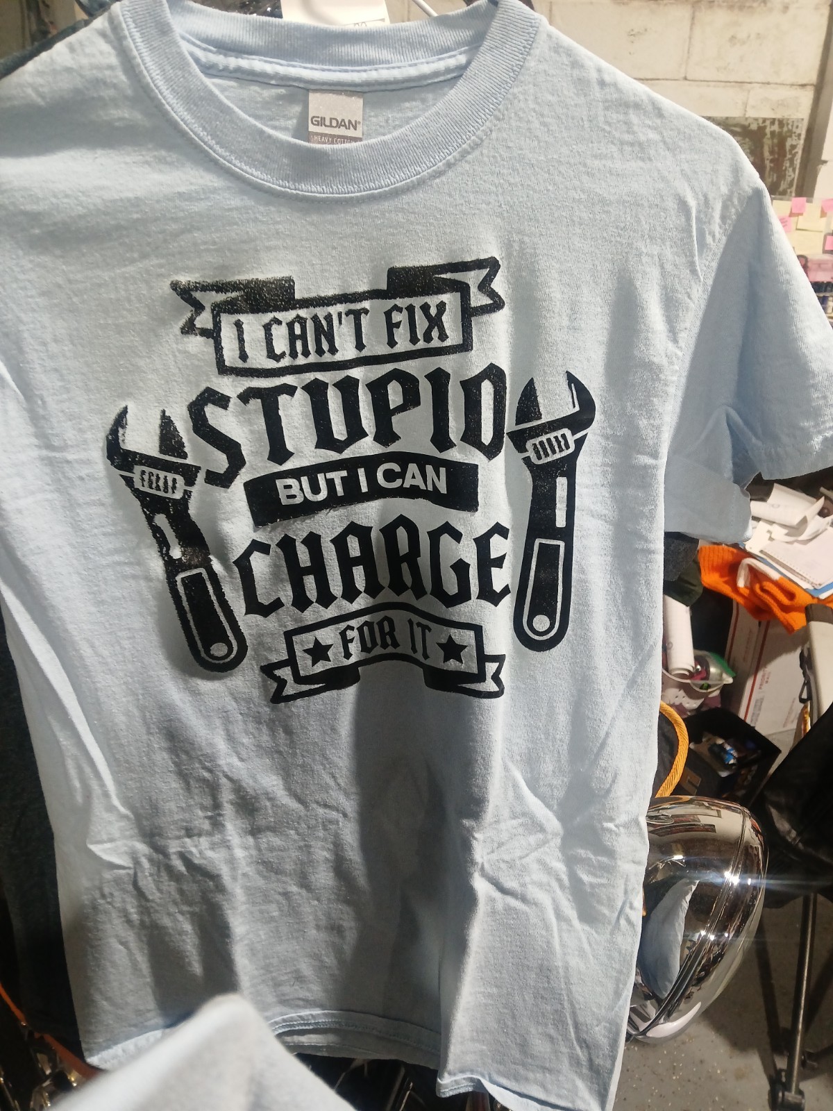 Small Gildan T-shirt In Baby Blue & Heather Grey “Can’t Fix Stupid” On Front