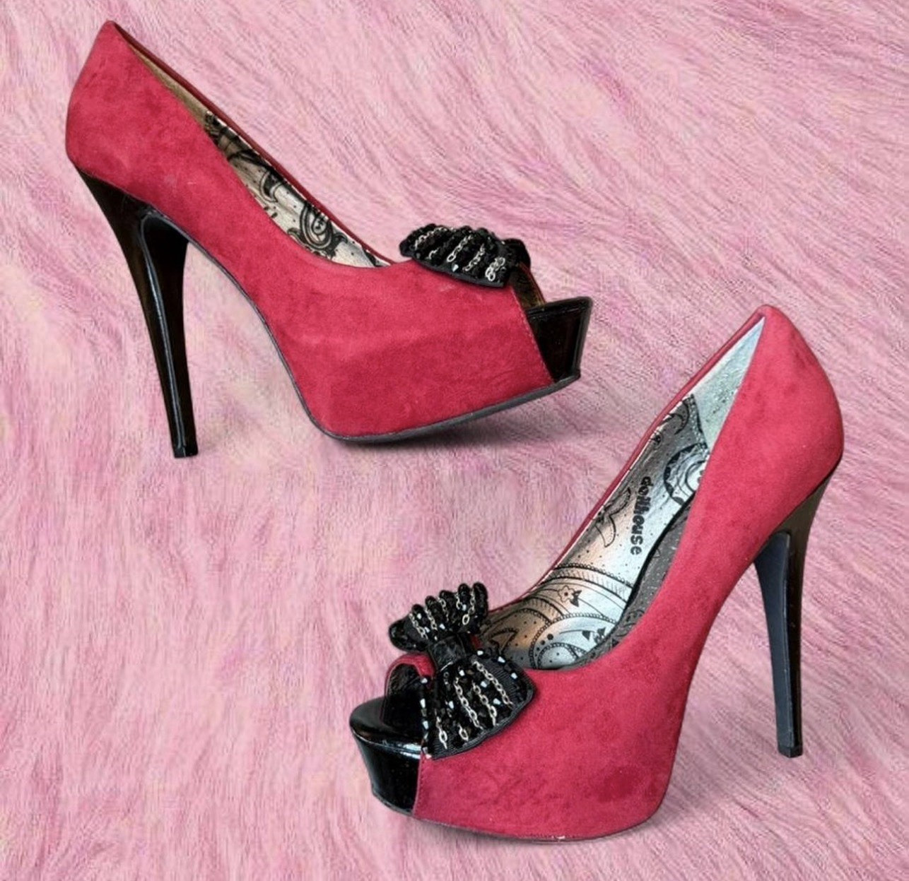 Dollhouse Women’s Red/Black Suede Platform Peep Toe Stiletto Heel Bow Slip-On 8