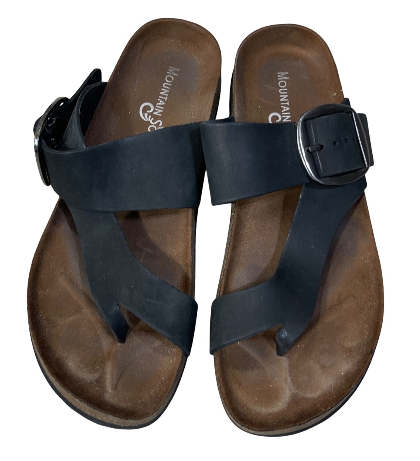 Mountain Sole Leather Sandal Black Toe Loop Silver Buckle Size 8 (READ)