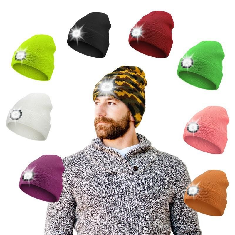 Winter Men Beanie Hat with LED Light Rechargeable Knitted Hat for Woman Cap Nigh