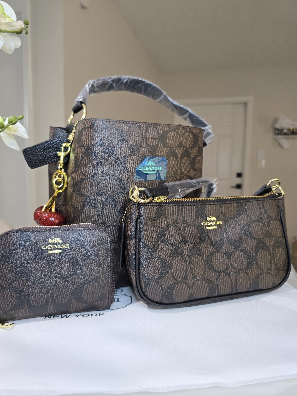 Bag Brown 3-Piece Top Handle Bag Set w/ Pouch, Coin Purse