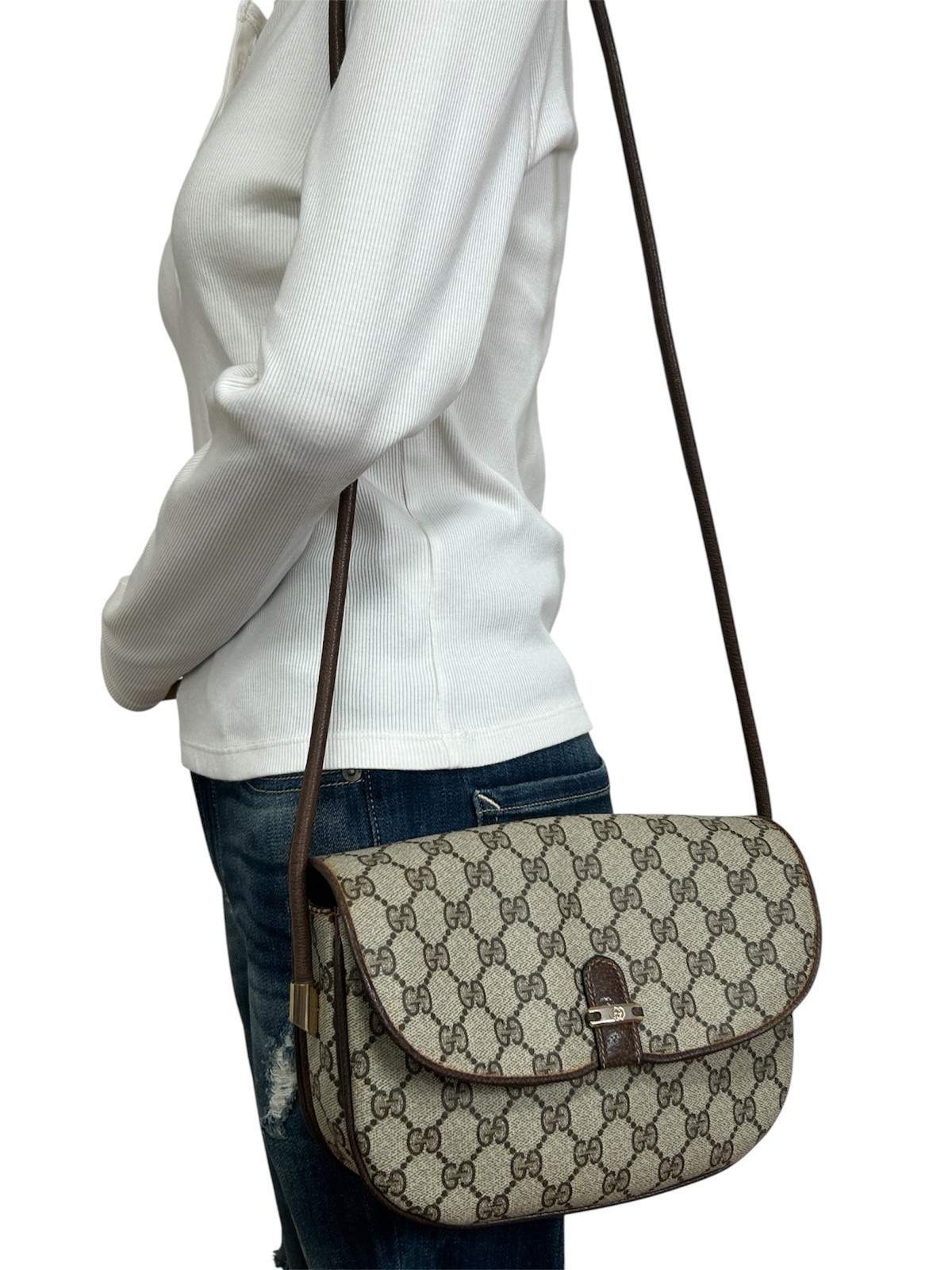 GUCCI Shoulder Bag GG Supreme Brown PVC Leather Vintage Authentic