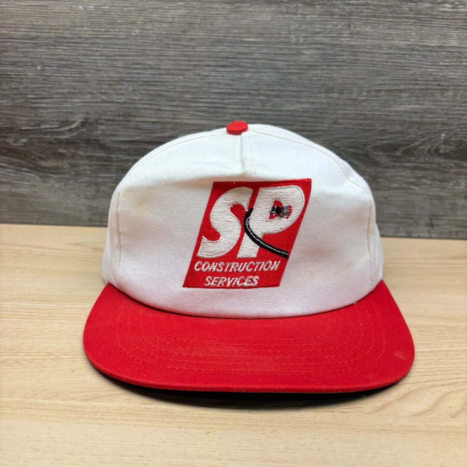 Vintage SP Construction Services Hat Cap Snap Back White Red Logo Promo VTG 90s