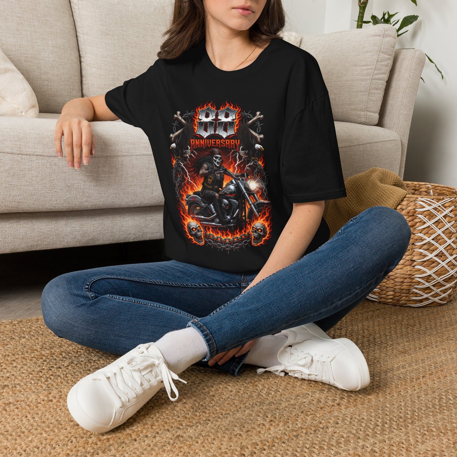 99 Anniversary Flames Motorcycle Skull Shirt Biker Tee