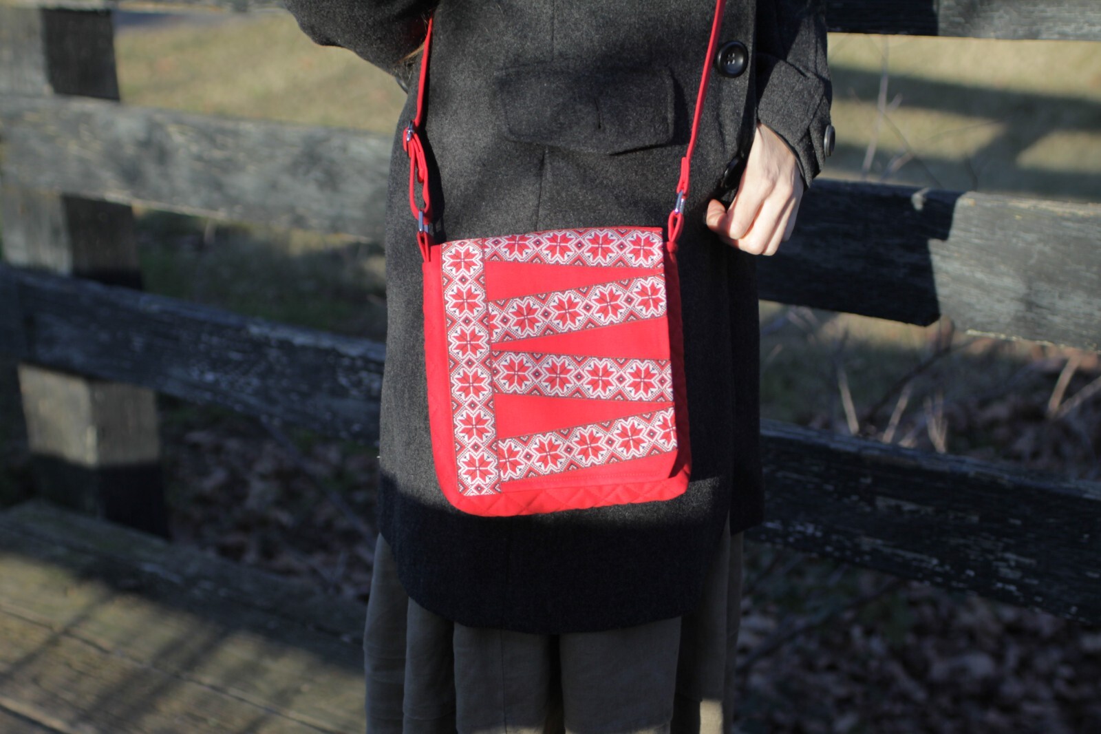 Red Natural Cotton Crossbody Bag Embroidered Adjustable Strap.