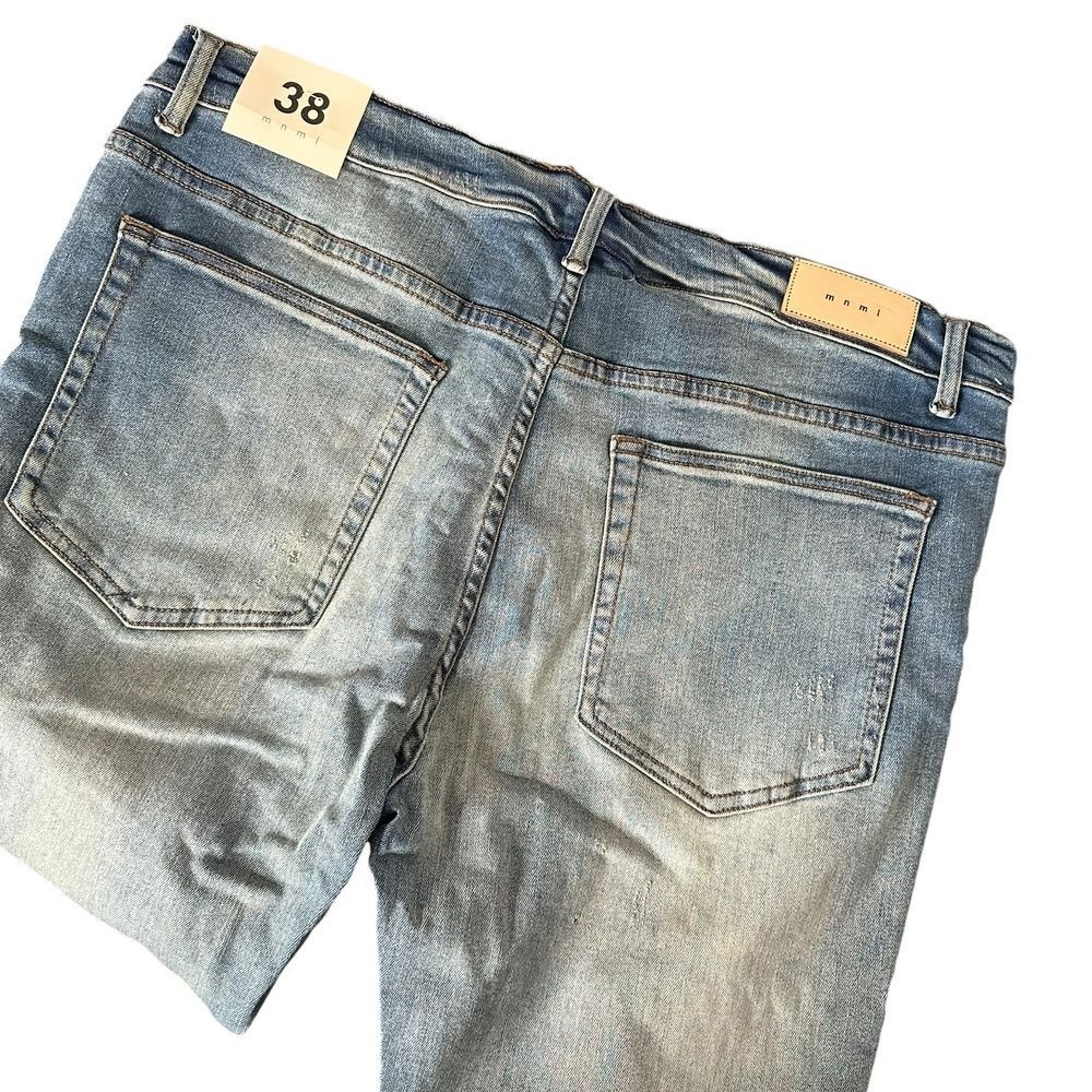 MNML Stretch Moto Denim Jeans Men Size 38 Blue Distressed Ripped Pants NEW