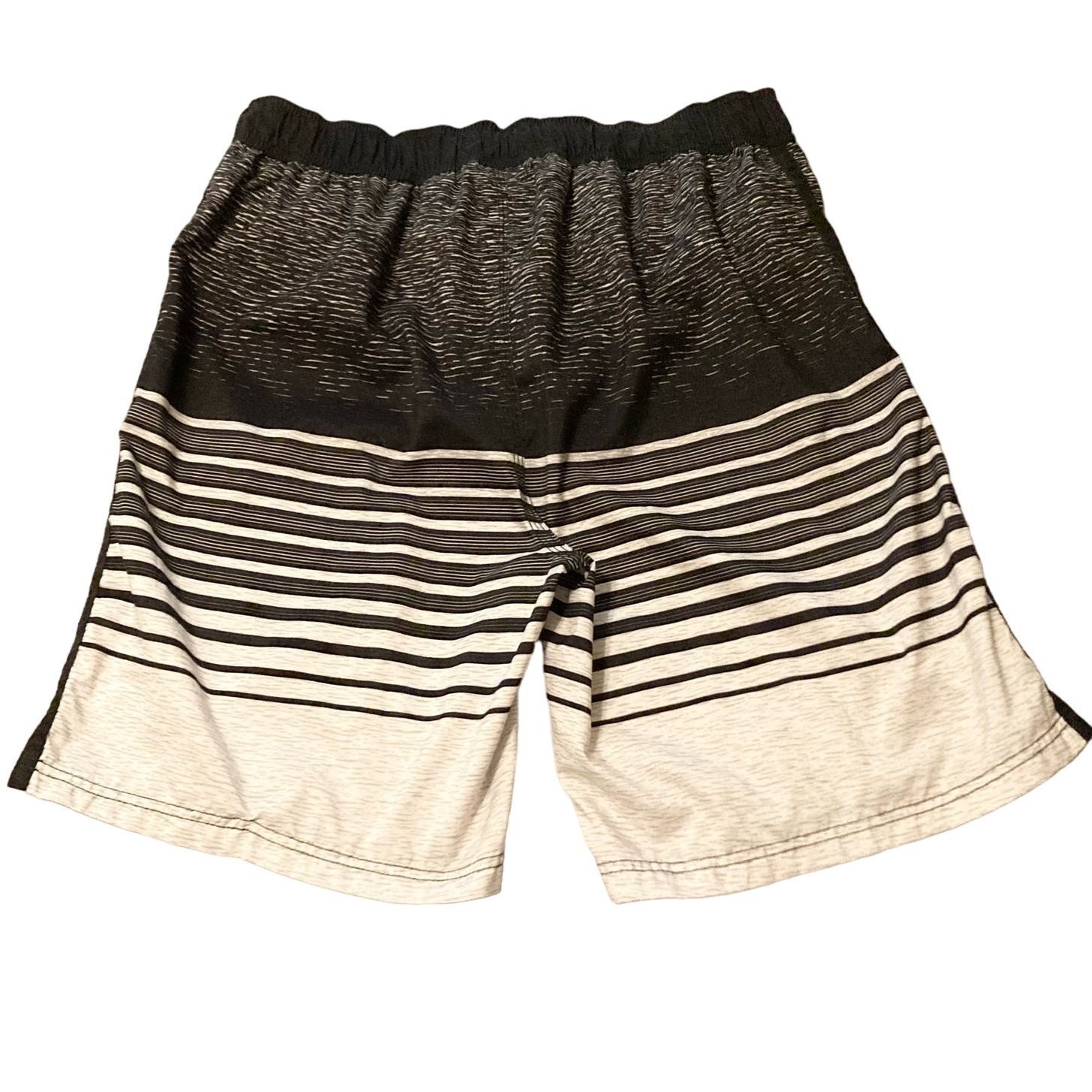 U.S. Apparel Swim Trunks Men Large Black Grayish White Stripe Drawstring Beachy