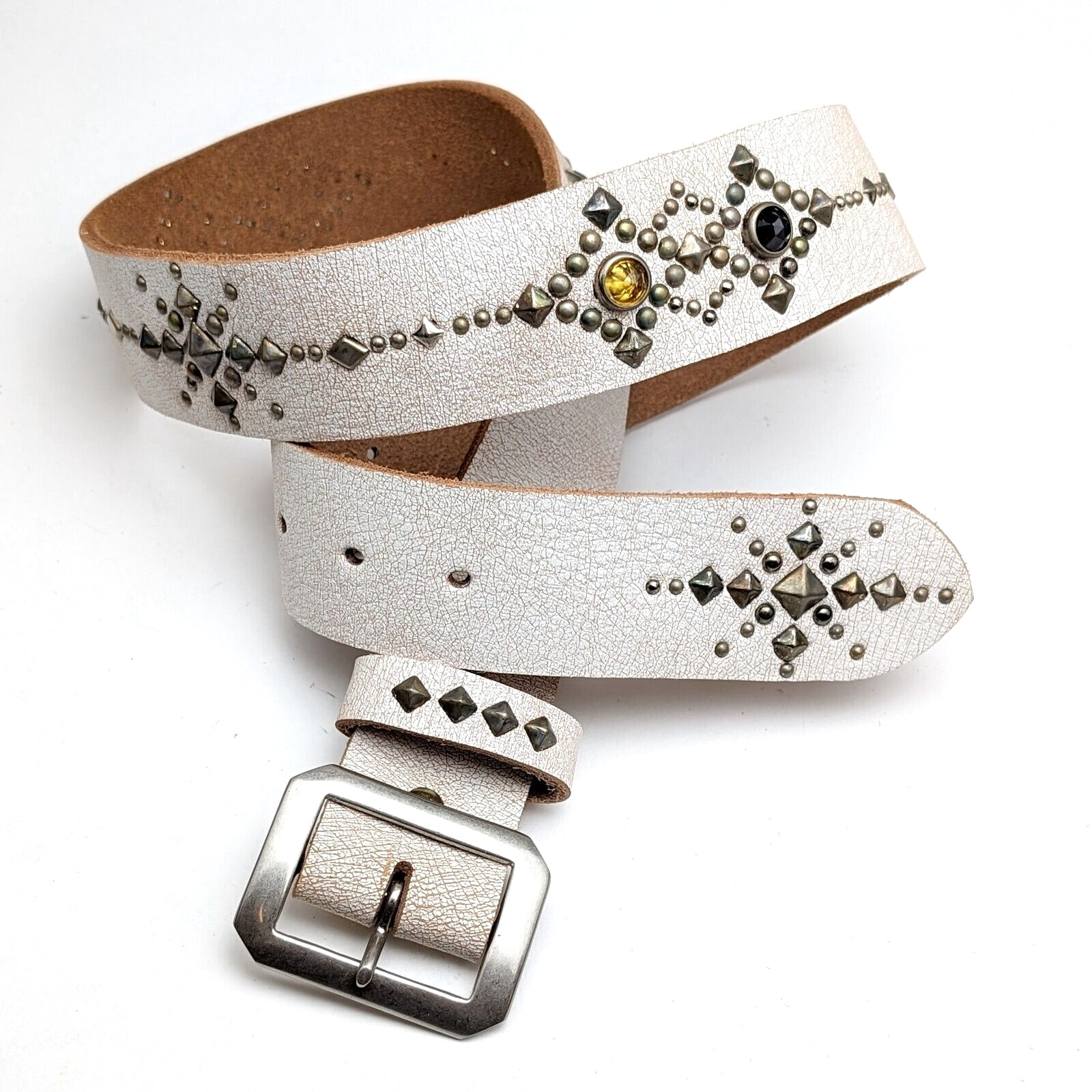 Studded Belt Western Pin to Hole 36 Mens Biker Belt Crack White Leather JPN