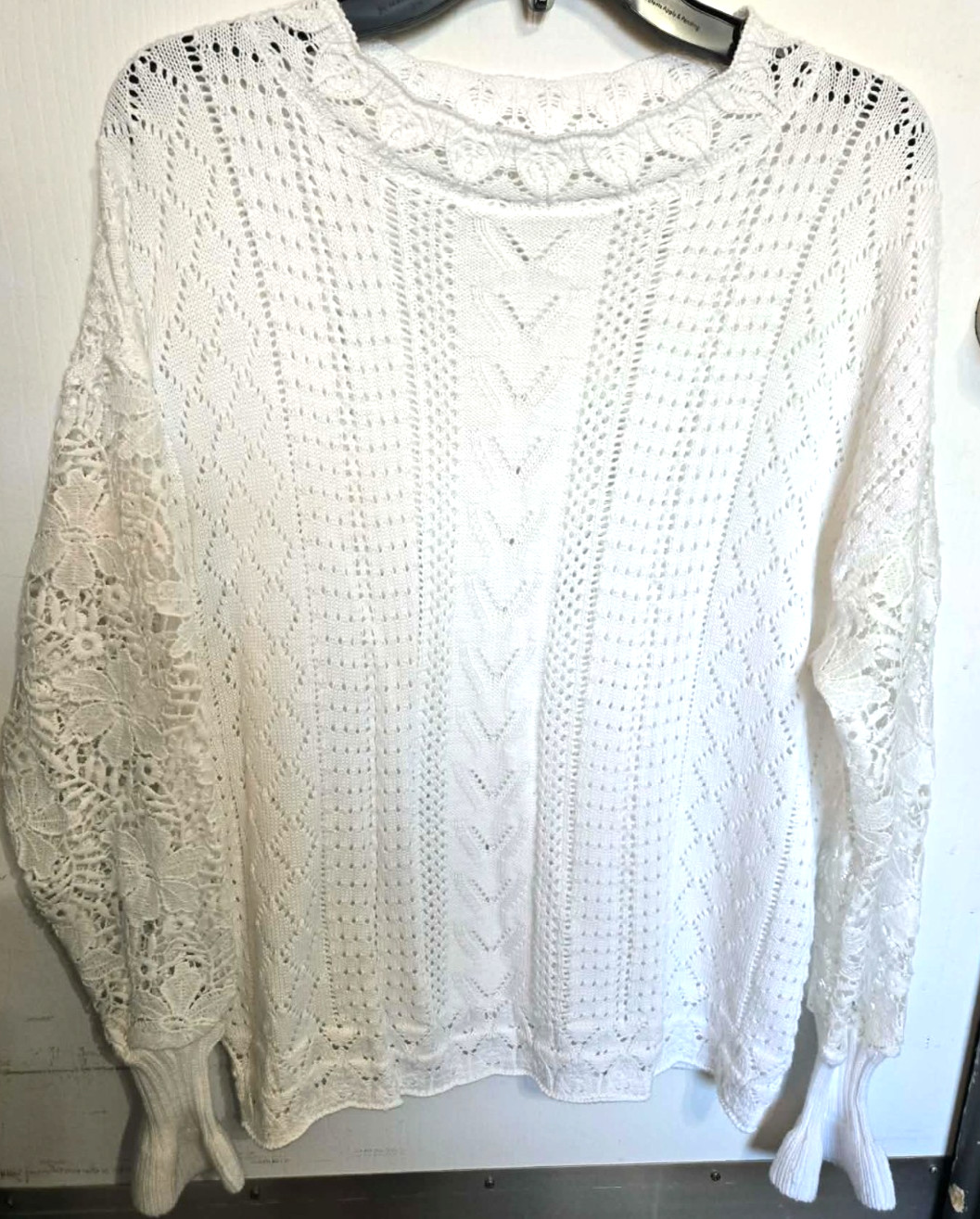 Y2K Open Weave White S Sweater Oversized Boho Flowy Crochet Textured Lace C100
