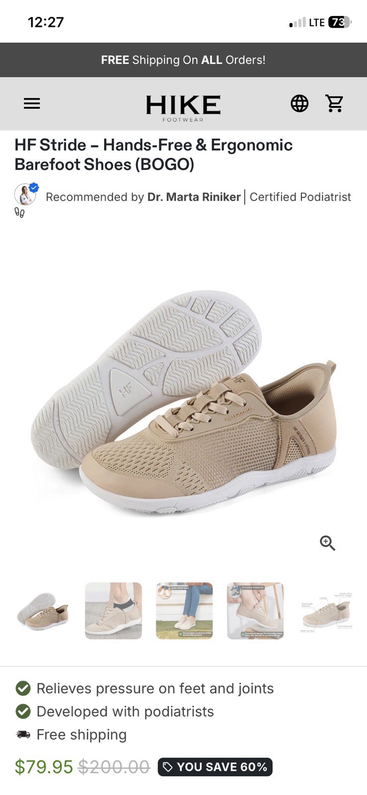 HF Stride – Hands-Free & Ergonomic Barefoot Shoes Size 36 Beige Womens NEW