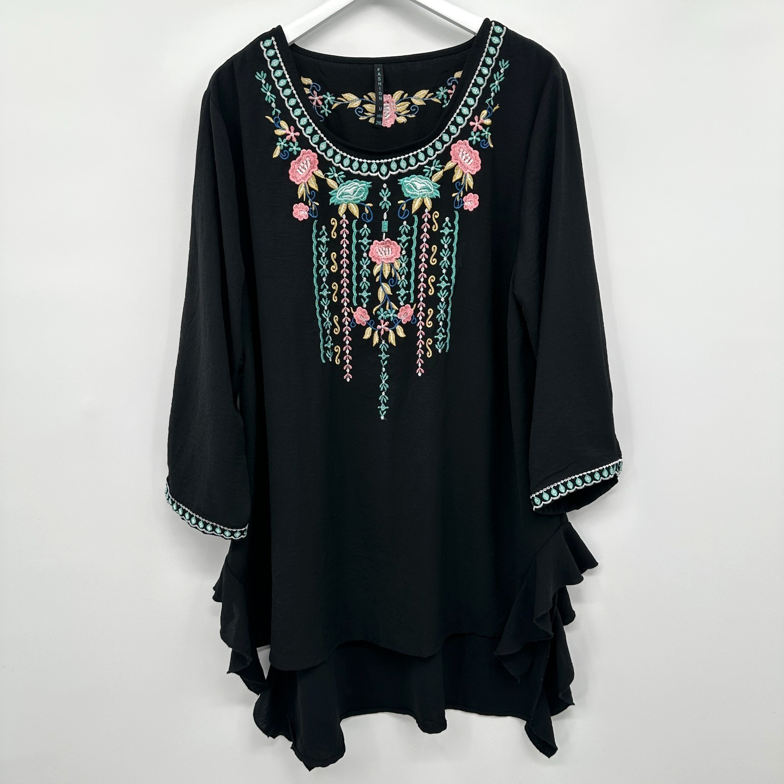 Fashion U USA Tunic Top Shirt Size 2XL Embroidered Hi Low Flowy Romantic Artsy