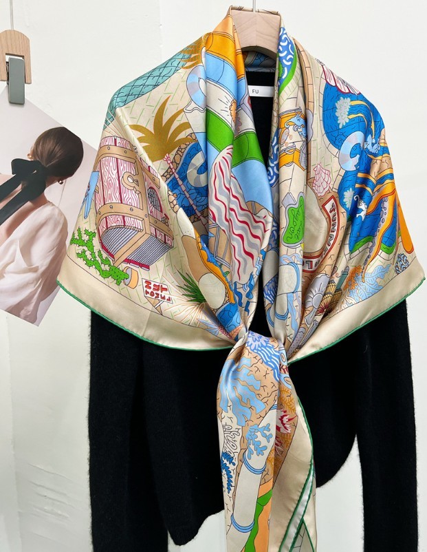 Pure Twill Silk Scarf Bandanna Large Wrap Water Park Print Square Shawl 53″