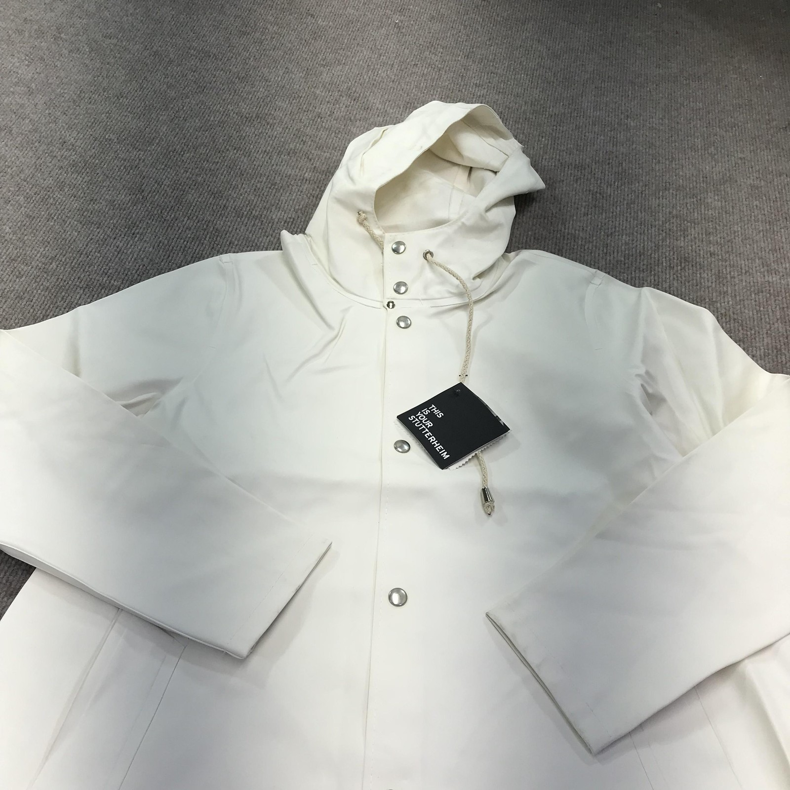 Stutterheim Raincoat Womens XS White Hooded Long Waterproof Jacket Coat