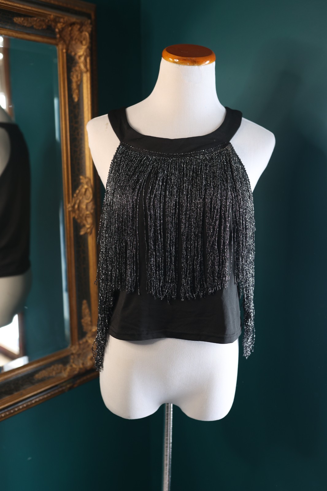Fringe Tassel Trim Glitter Crop Top Sleeveless Halter Neck Cowgirl Festival XL