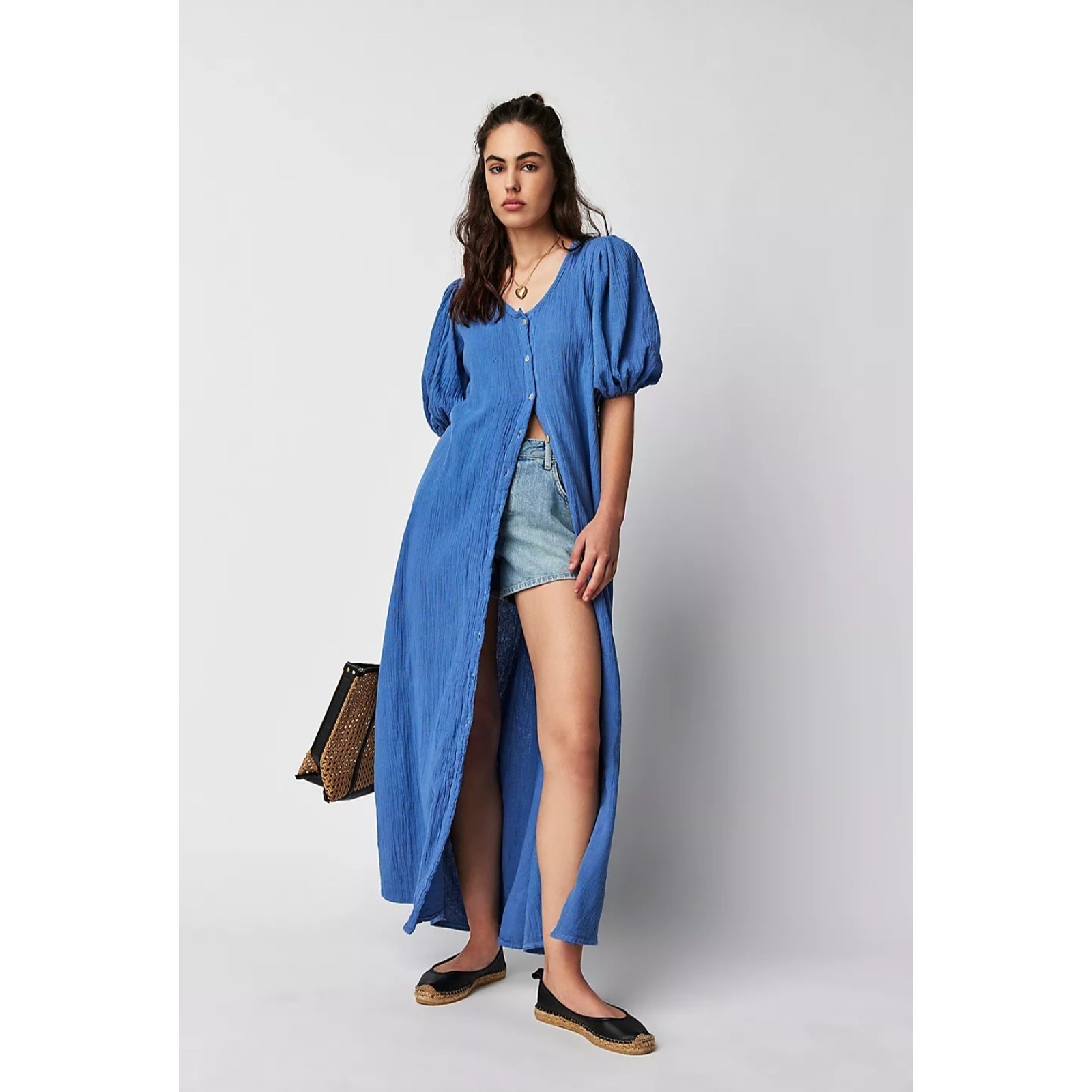 New Free People Jen’s Pirate Booty Paraguay Button Maxi Gown $252 MEDIUM Blue
