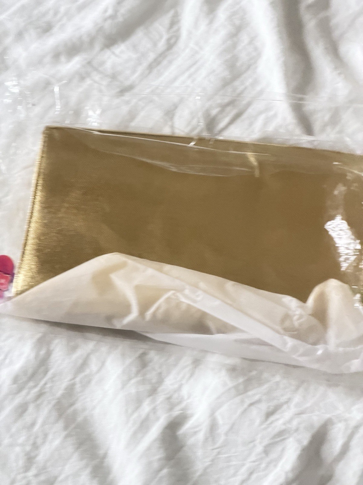 Women’s Gold Metallic Clutch, Beaded Sequin Accent, Snap, Chain Strap