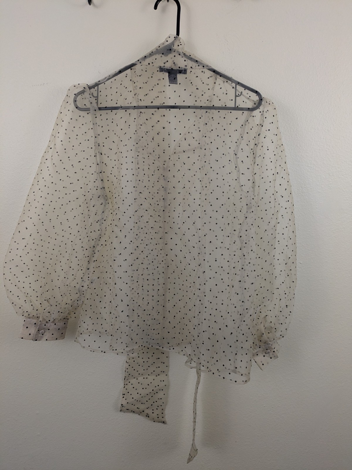 Sheer Black Polka Dot Puff Sleeve Tie Neck Xl Top Love And Design Brand