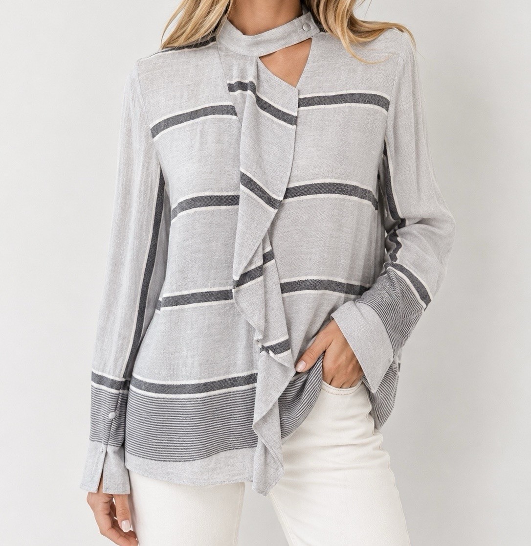 Derek Lam 10 Crosby Gray Striped Wool Blend Tie Neck Blouse Top Size 4