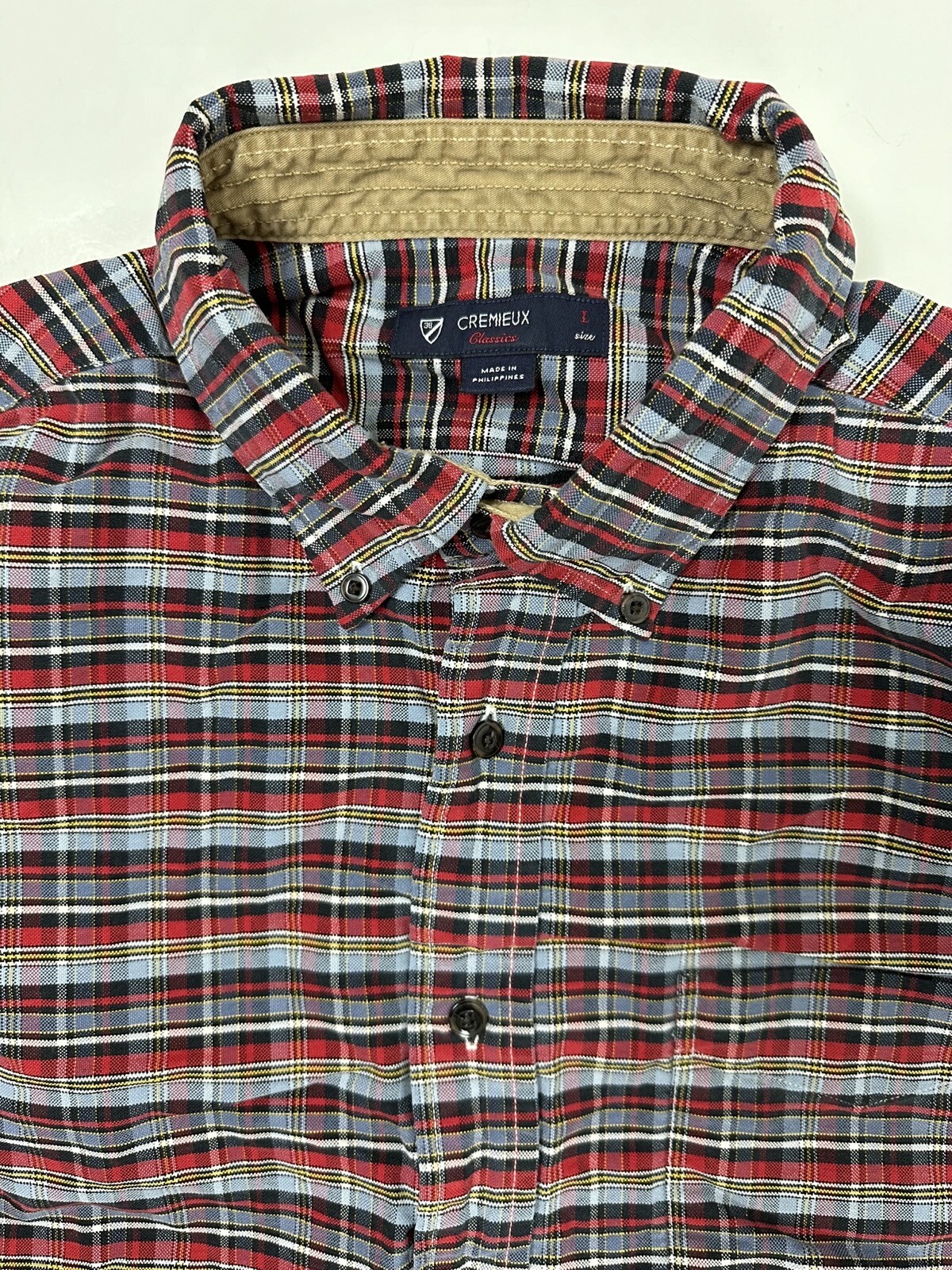 Vintage Oxford Shirt Men Large Casual Gray Red Plaid Button Down Cremieux STAIN