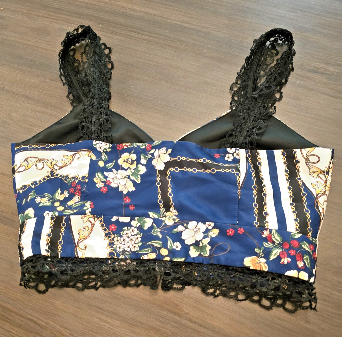Elliatt Florentine Crop Top Black Lace Trim Blue & Gold Button Front Sz S