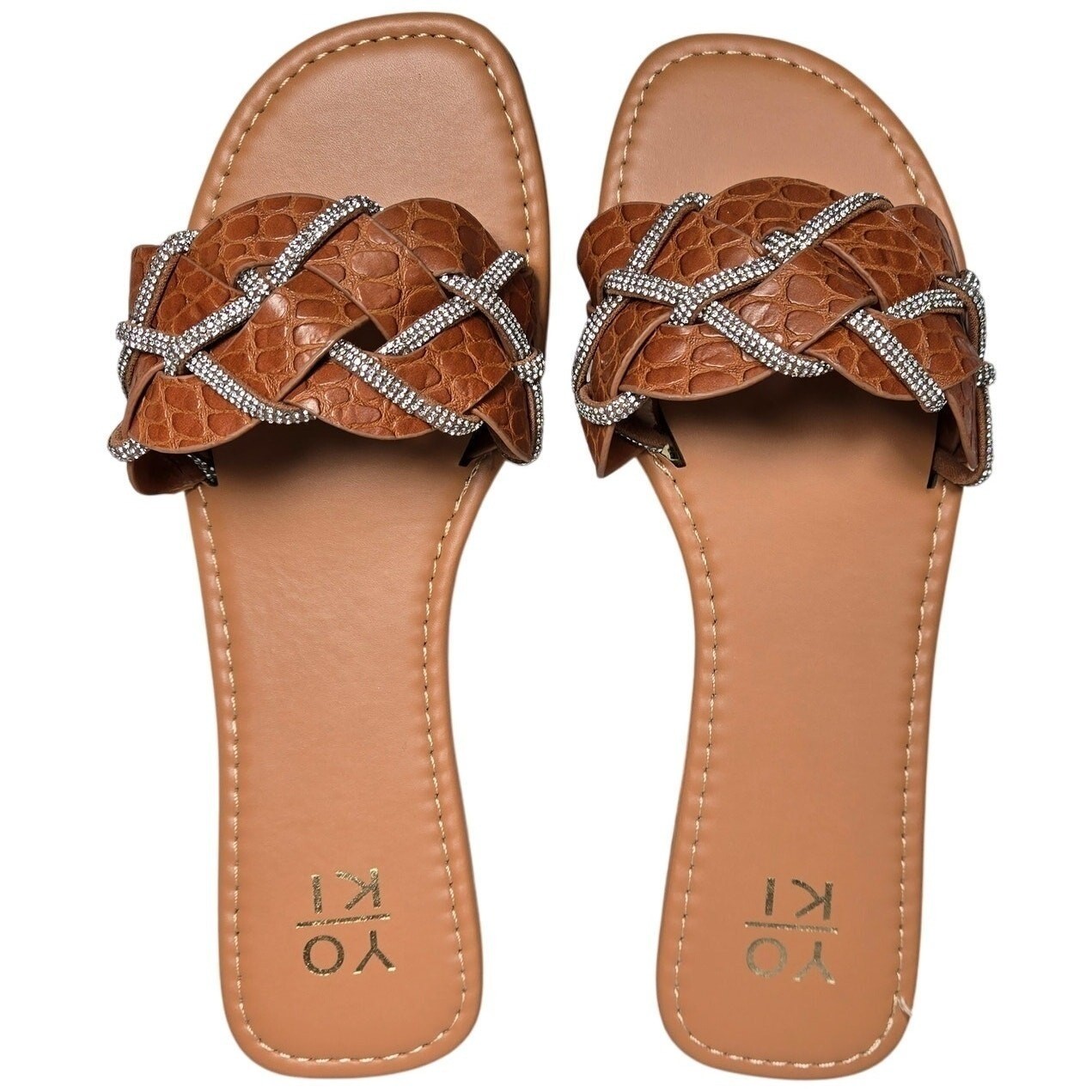 Yoki Women Rust Crocodile Embossed Rhinestone Slide Sandals Size 8