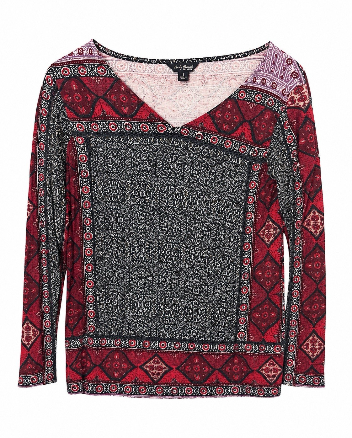 Lucky Brand Women’s V-Neck Long Sleeve Geometric Blouse Red/Black S