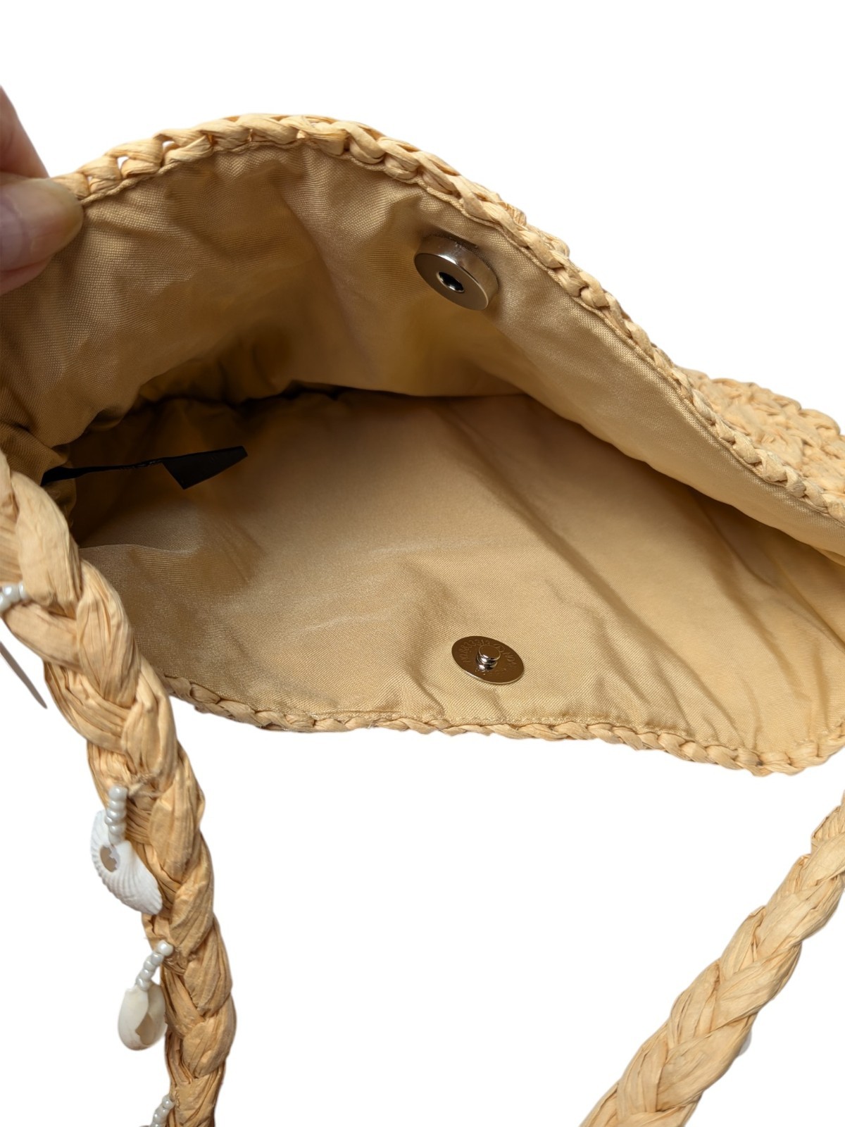 NWT From India To You Brand Artisan Lt Tan Raffia Genuine Shell Bead Accents Bag