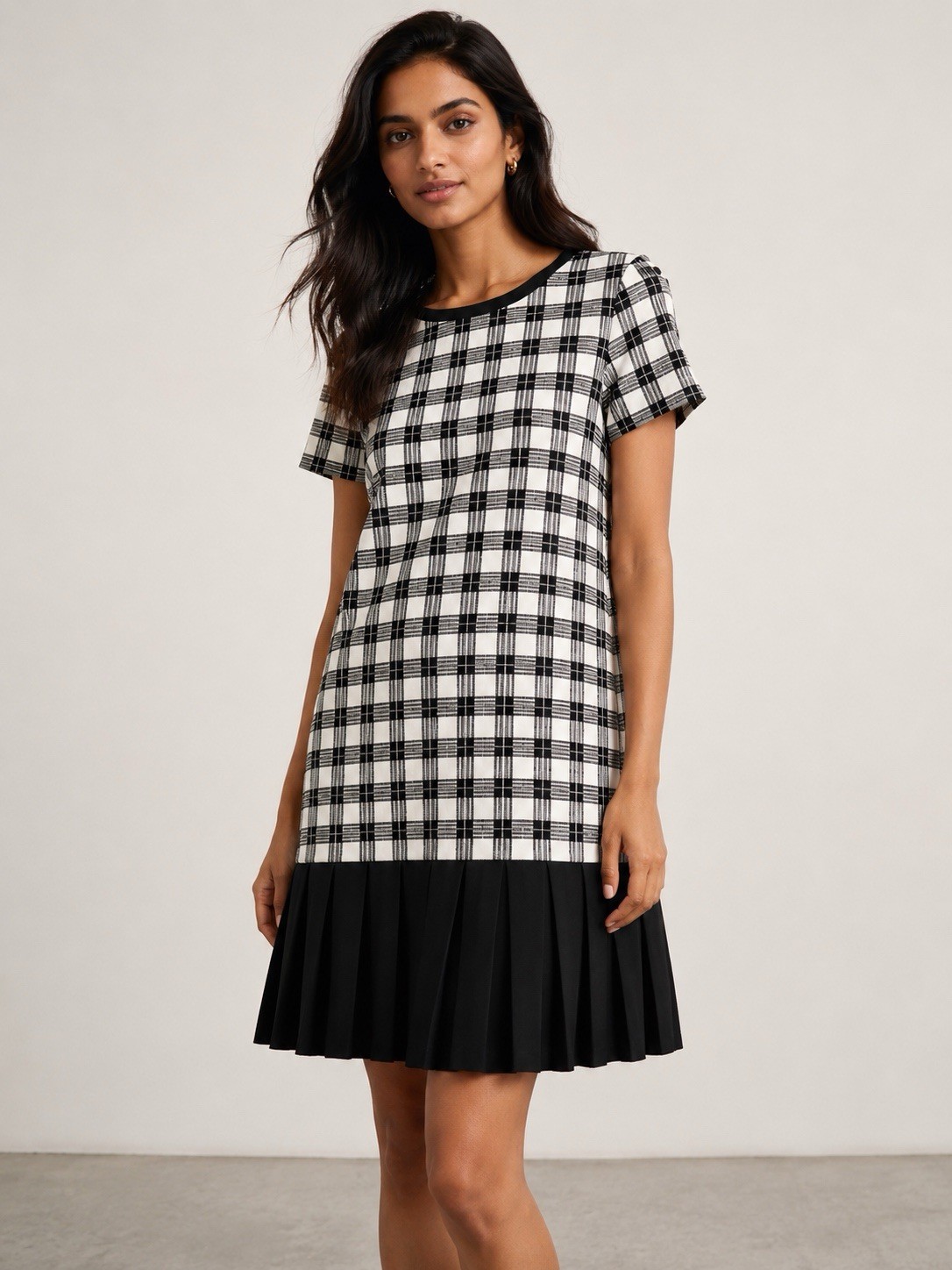Gestuz Louise Dress MA15 UK 10 EU 38 Black White Check Pleated Hem BNWT