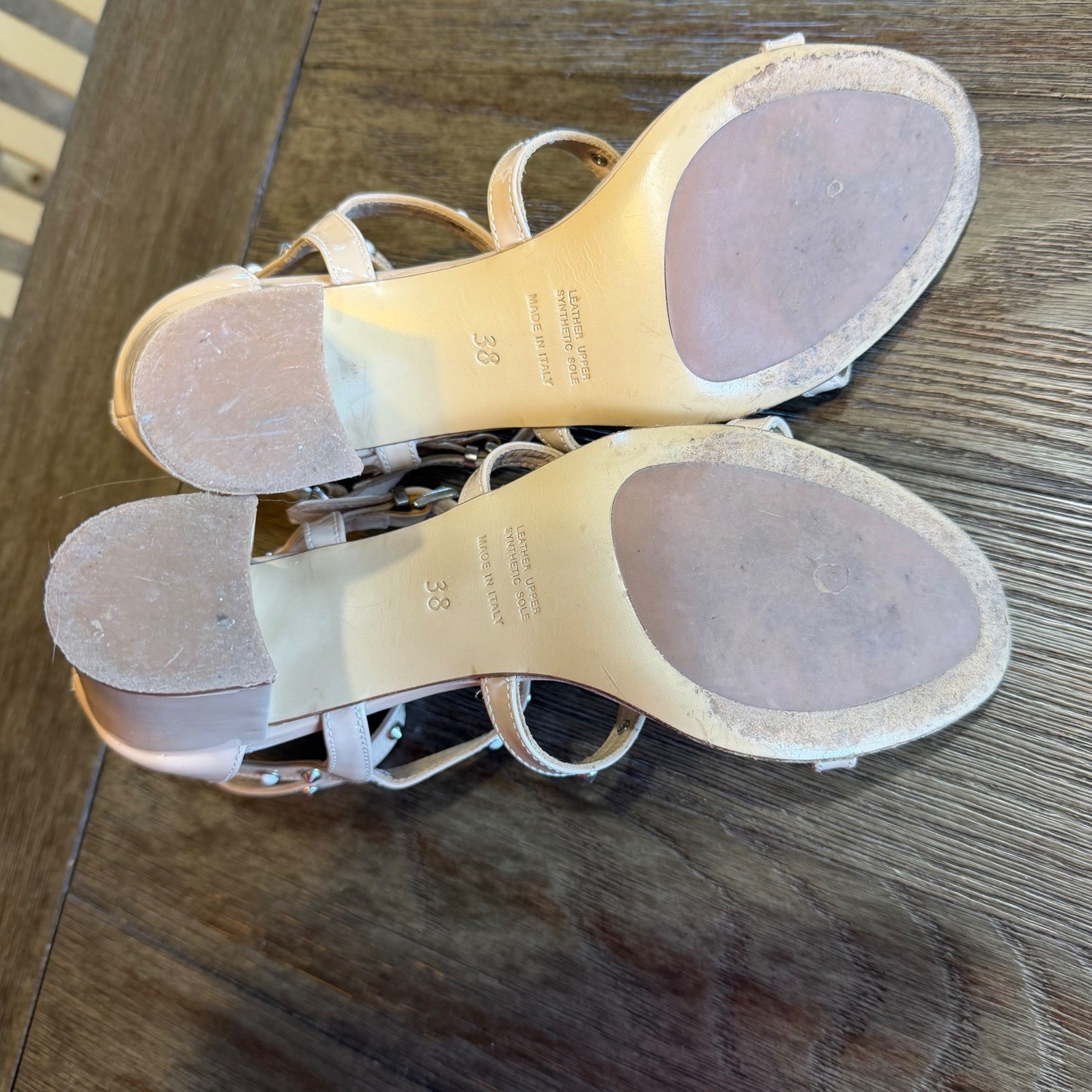 Napoleoni Italy Nude Patent Leather Studded Gladiator Block Heel Sandals EU 38