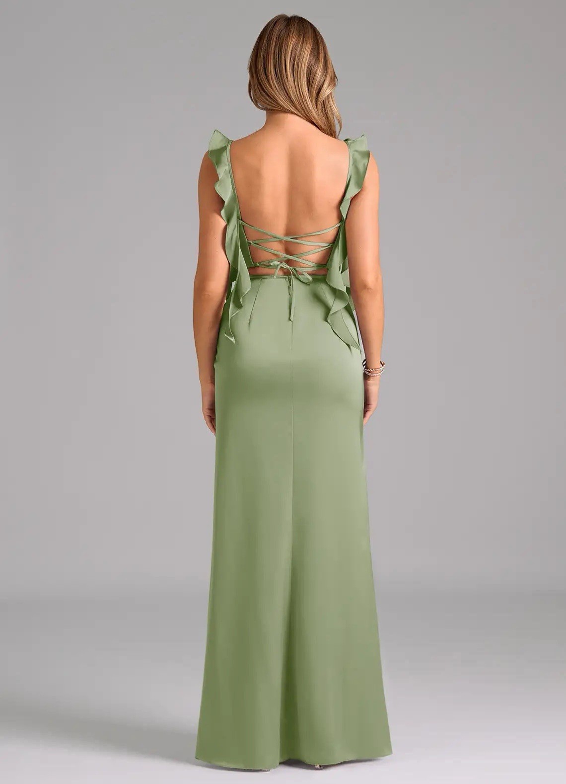 Azazie Jessamine Stretch Satin Bridesmaid Formal Gown Dusty Sage SZ A14 NWT $109