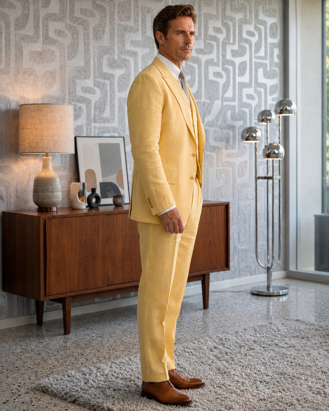 Mens Yellow Linen Suit Jacket Vest Pants Wedding Prom Groom Beach Party 3pc Set