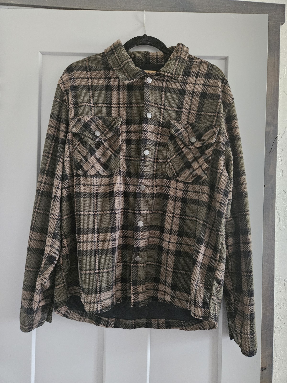 Mens Button Up Jacket, Plaid Fleece Collared Shirt