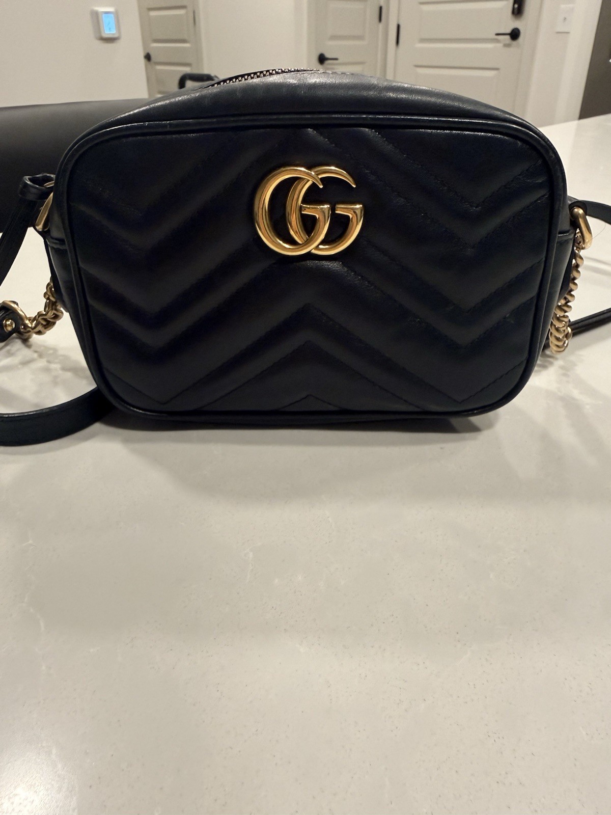Gucci GG Marmont Mini Camera Bag Black Quilted Zip Crossbody Chain Strap